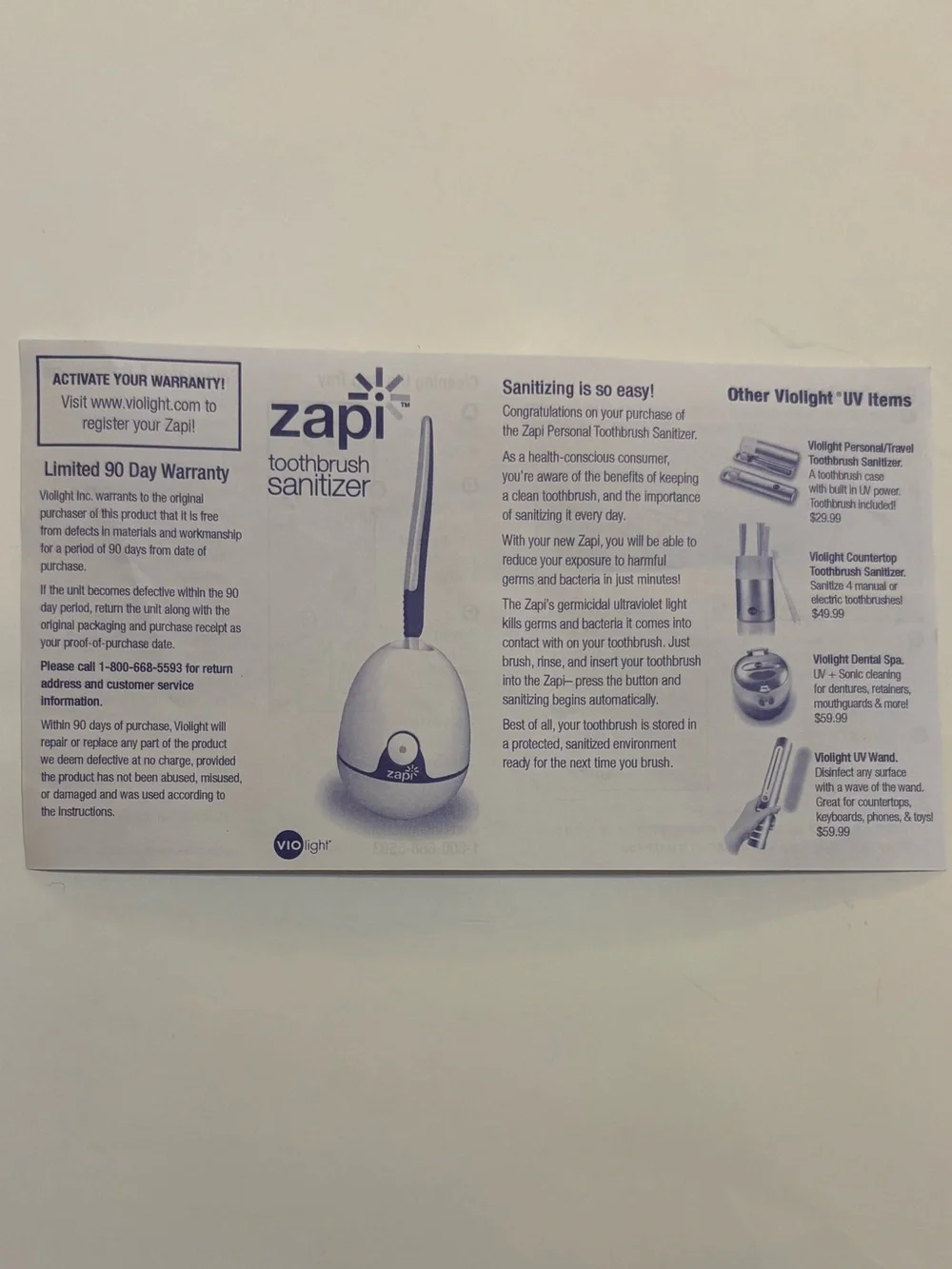 Violight Zapi UV Bulb Dental Toothbrush Sanitizer Brush Included Auto-off Timer